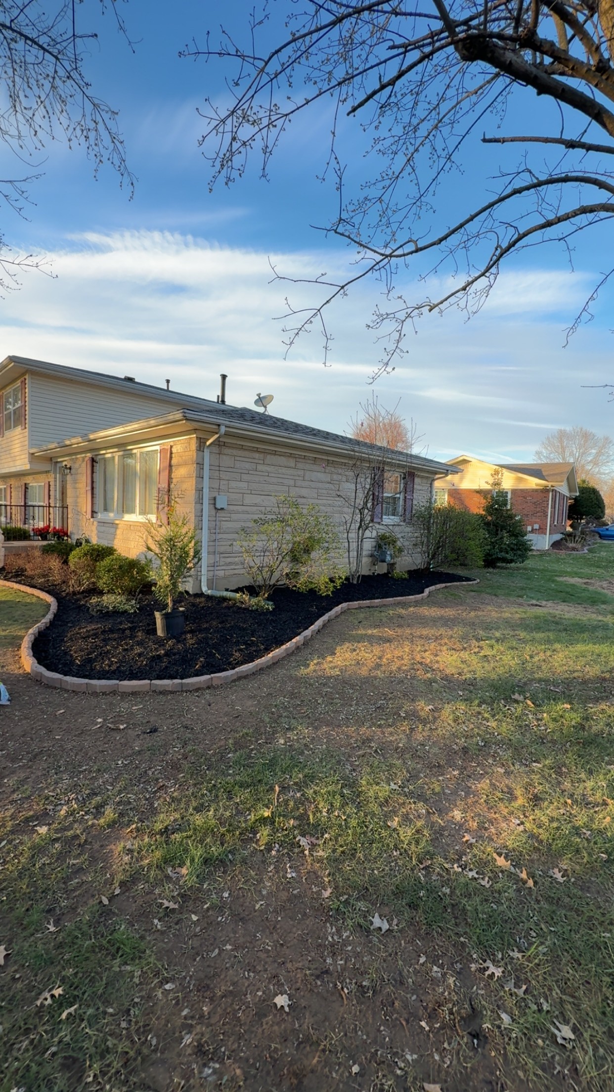 Fresh mulch beds, plants, and brick edging after landscaping